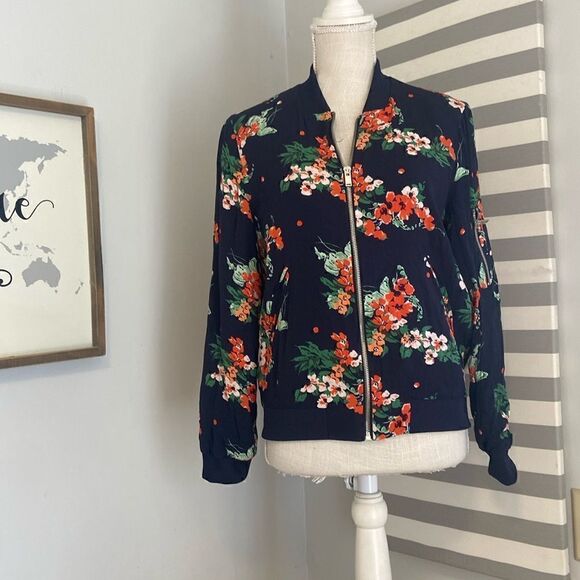 Zara Navy Blue Floral Print Full Zip Lightweight Bomber Jacket Size Small - Picture 1 of 7